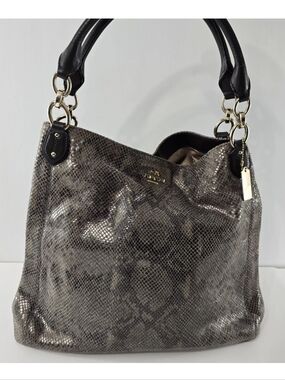 Coach Madison Maggie Exotic Large Leather Hobo NS Snake Print Bag Purse Neutrals